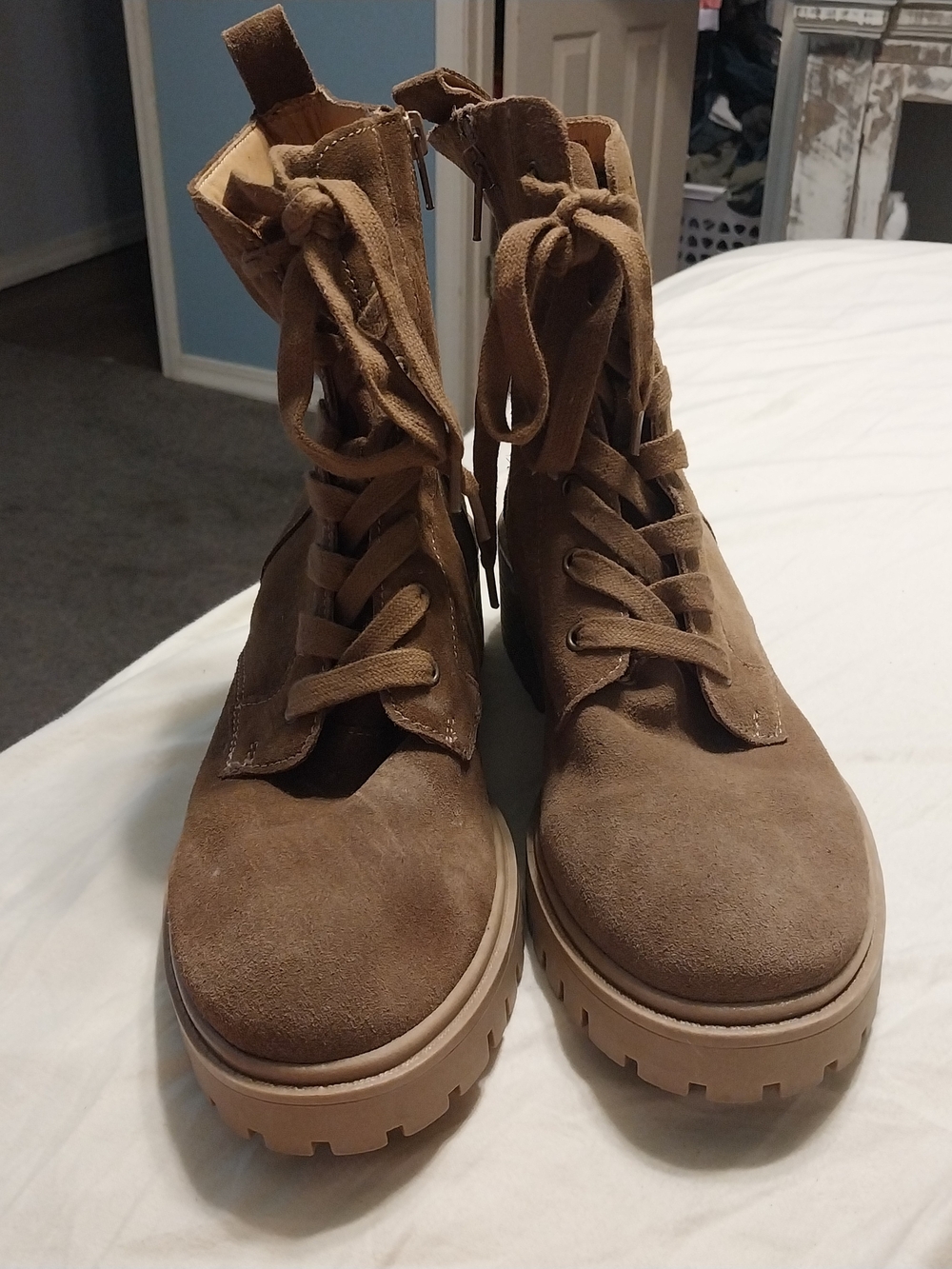 Cynthia Vincent Tan Suede Lace-Up Combat Boots